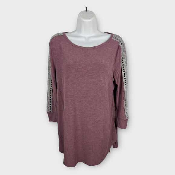 Soft Surroundings Womens Cassidie Tee Sz Medium Pink Crochet 3/4 Sleeve Rayon - Picture 1 of 5